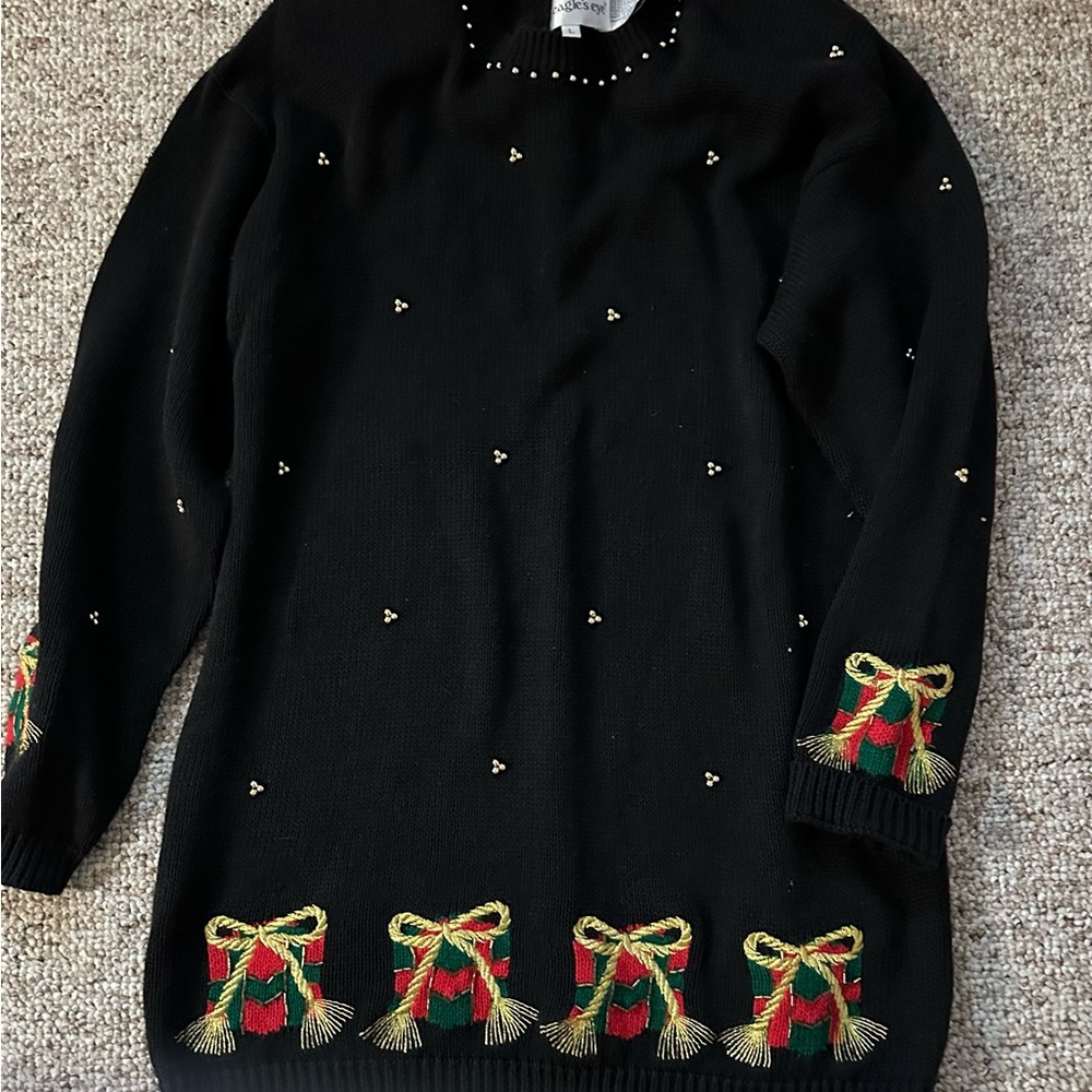 Elegant Black Sweater with Festive Bow Accents